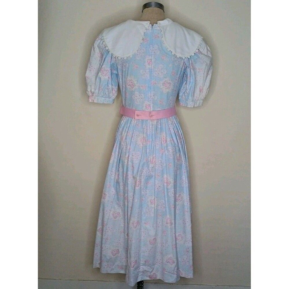 Vtg Lanz Originals 80s Dress Sz 8 Blue Pink Floral Cottagecore Belt Pockets READ - Picture 2 of 11